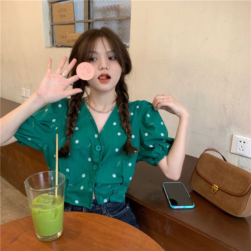 Áo Cardigan Tay Phồng Cổ Chữ V Họa Tiết Hoa Cúc Phong Cách Kiểu Pháp Cổ Điển Duyên Dáng