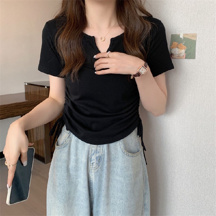 WANG JIAO ZHAN Áo thun tay ngắn cổ chữ v năng động thời trang cho nữ