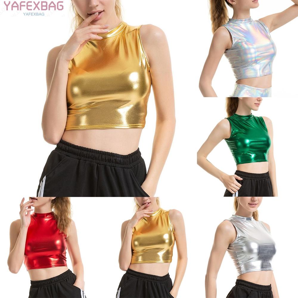 Women Faux Leather Shiny Wetlook Mock Neck Crop Top Vest Tank Top Dance Clubwear