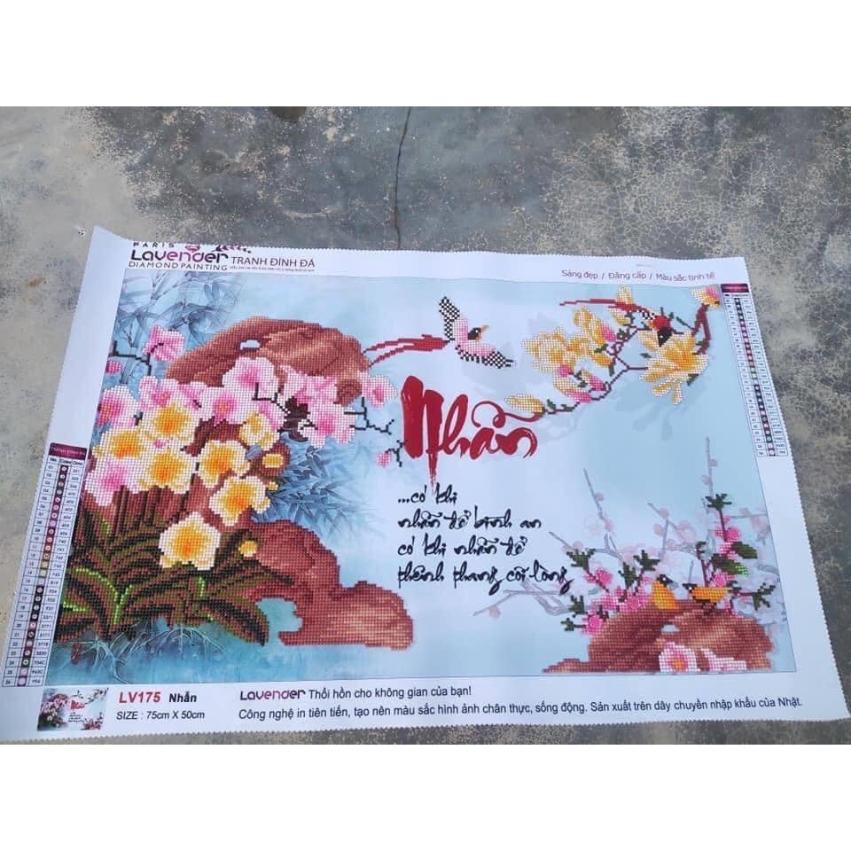 Tranh đính đá chữ nhẫn KT:75x50cm. Tranh gắn đá tự làm.