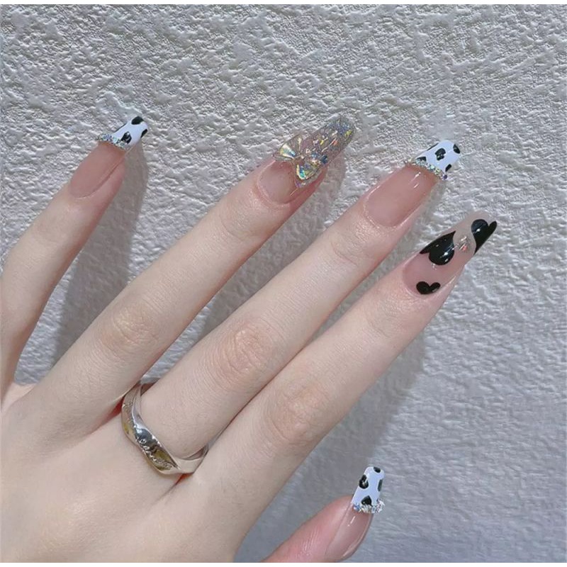 Móng giả thiết kế Quỳnh Quỳnh Nail hộp 10 móng kèm keo dũa bò sữa đính nơ