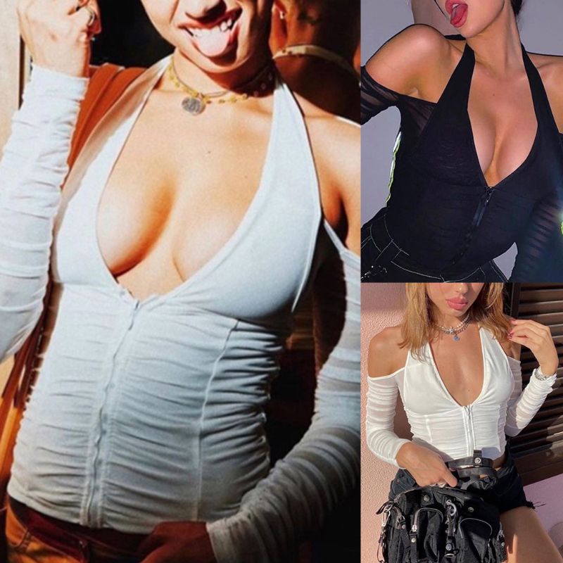 Áo Croptop Tay Dài Cổ Chữ V Phối Lưới Có Khóa Kéo Quyến Rũ Thời Trang Cho Nữ