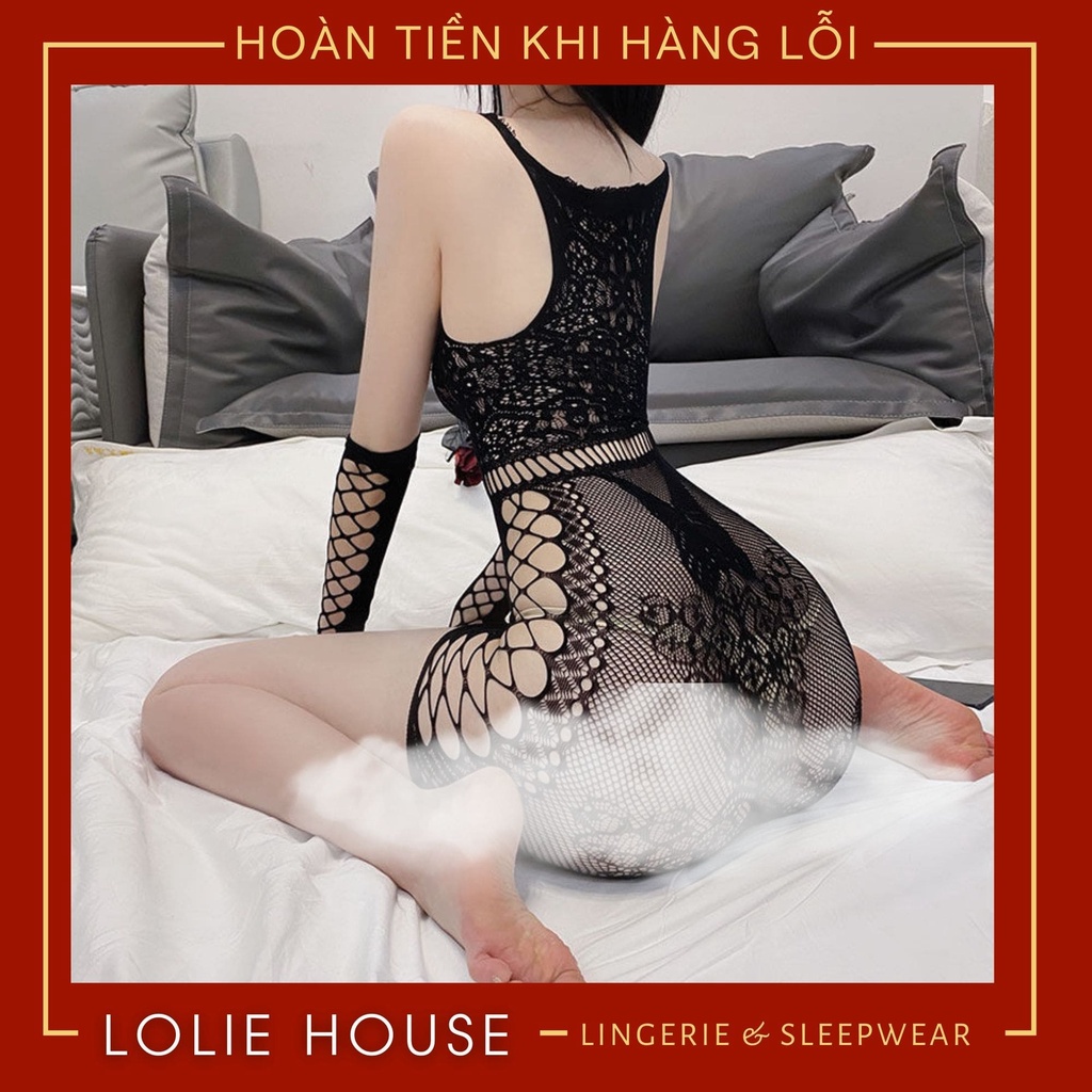 Váy body ren lưới sexy kèm găng tay quyến rũ, váy đầm ngủ xuyên thấu ôm sát LOLIE HOUSE - BS21