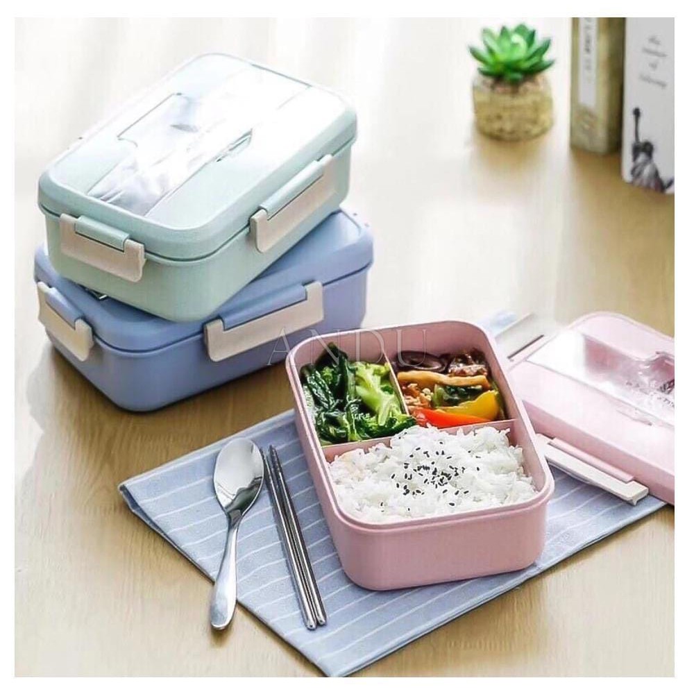 Hộp Đựng Cơm, Hộp Cơm Văn Phòng Lúa Mạch 3 Ngăn Tặng Đũa Cà Thìa Inox Màu Ngẫu Nhiên
