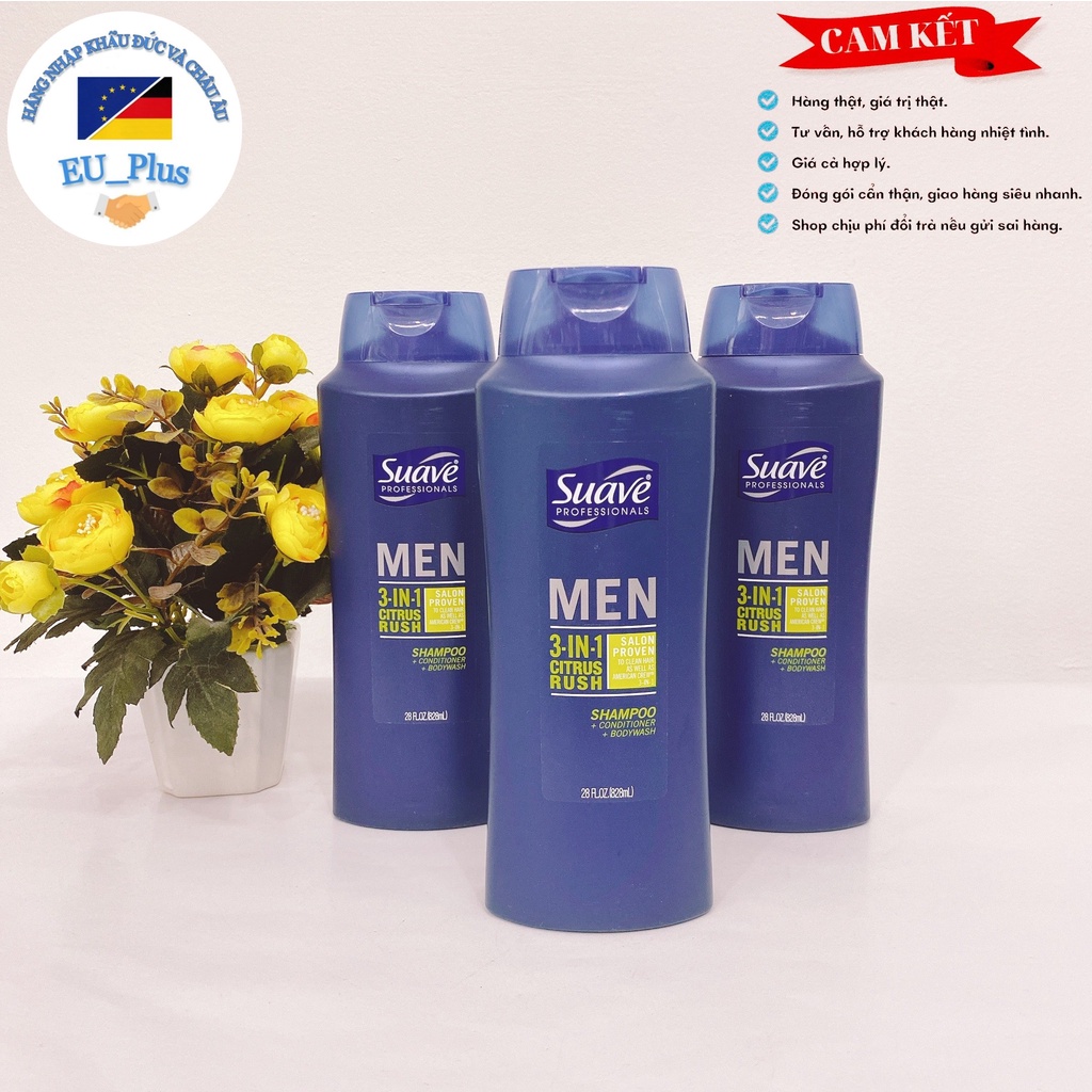 Sữa Tắm Gội Xả Dành Cho Nam Suave Men 3 in 1 828ml - Mỹ