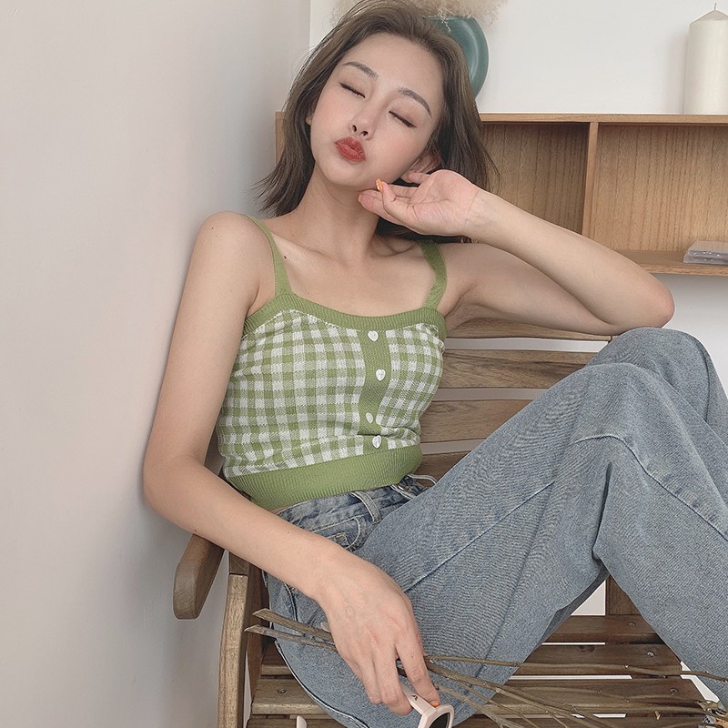Áo Hai Dây Dệt Kim Phối Họa Tiết Caro Kiểu Cổ Điển Hàn Quốc Quyến Rũ
