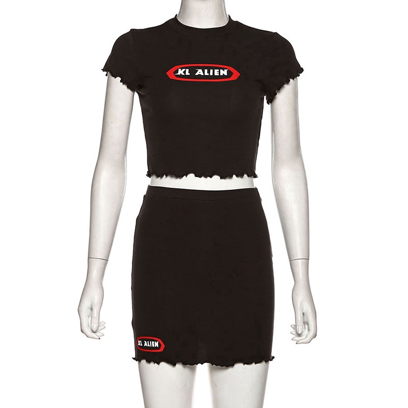 COD Modou Fashion Crop Top Short Sleeve Printing T-shirt &amp; High Waist Skirt 2 Piece Set