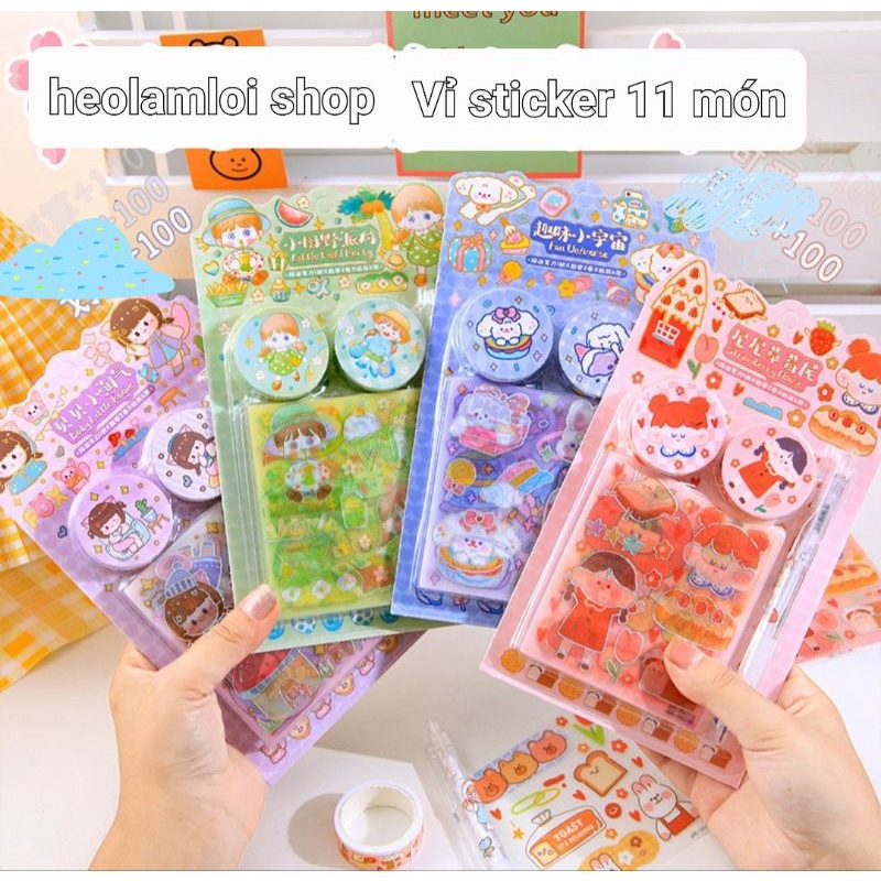Vỉ sticker có bút dao cắt loại tốt, 2 cuộn washitape, 8 tờ sticker (tổng 11 món), mã ZJL-XKL