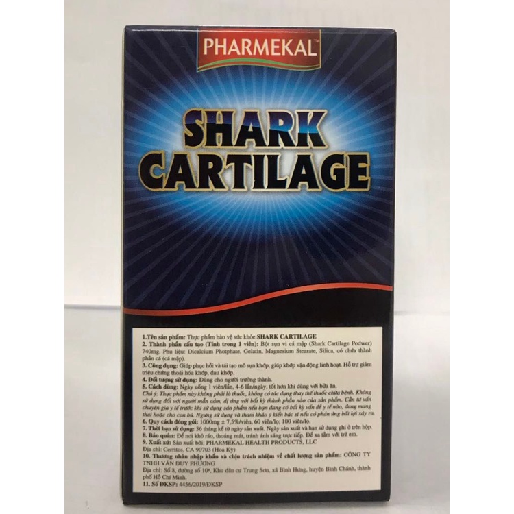 &lt;CHÍNH HÃNG PHARMEKAL&gt; VIÊN SỤN CÁ MẬP HÀNG MỸ  SHARK CARTILAGE - HỖ TRỢ TÁI TẠO SỤN KHỚP, XƯƠNG KHỚP - LỌ 60 VIÊN