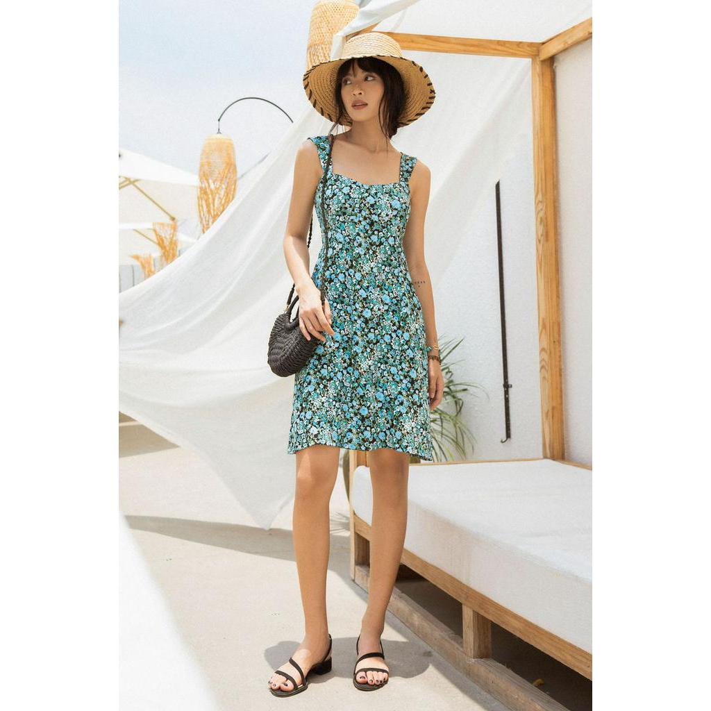 Đầm mini hai dây nữ YV LE &amp; CO vải viscose màu xanh phong cách
