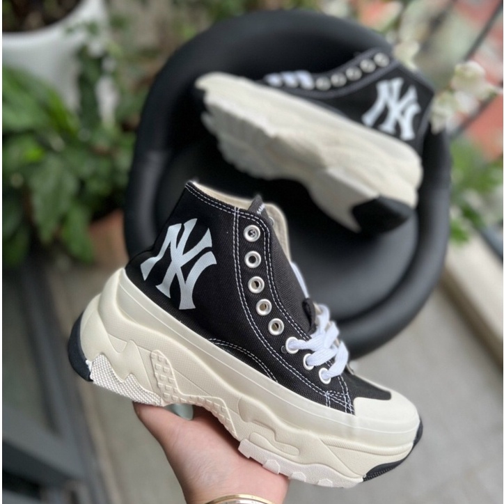 Giày thể thao MLB Chunky Hight N.Y black & white,Giày sneaker N.Y độn đế hack dáng nam nữ hàng chuẩn SC full bill box