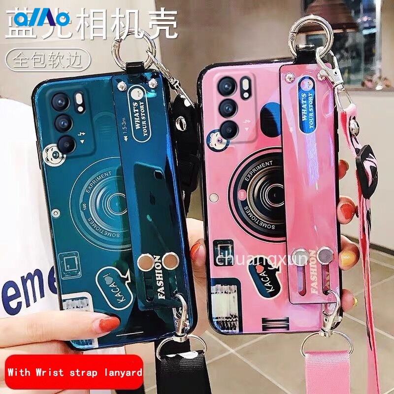 Ốp điện thoại hình máy ảnh ánh sáng xanh lam thời trang có dây đeo dành cho Oppo Reno6 Reno6 Z 5g