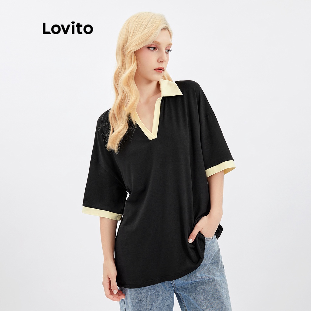 Áo thun Lovito oversize ghép nối màu sắc cổ V Polo màu trơn L30AD007 (màu đen)