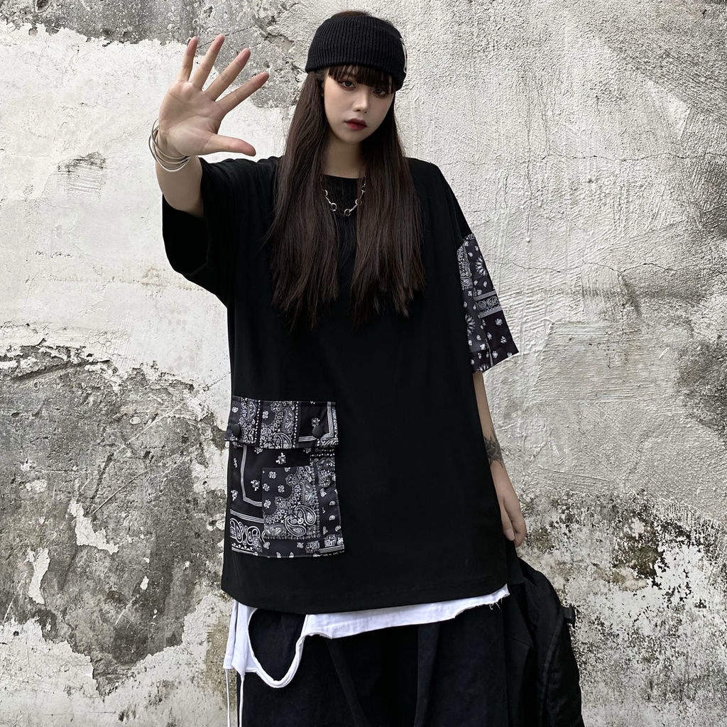 Áo Thun Phối Túi Lớn Họa Tiết Hoa Xinh Xắn Thời Trang 191901Áo Thun Tay Ngắn Dáng Rộng Phong Cách Harajuku Retro Cho Nam Nữ