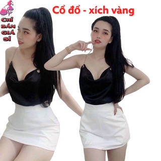 áo kiểu 2 dây cổ đổ phi lụa bóng phối xích vàng aloha shop91