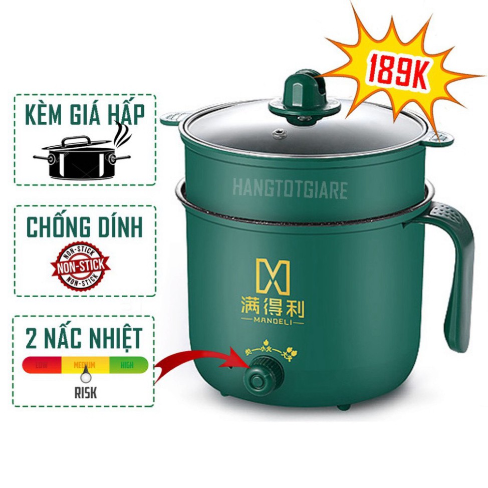 Ca Nấu Mì,Nồi Lẩu Điện Mini Cầm Tay 2 NẤC NHIỆT Nấu Cơm Đa Năng 1,8L - Nồi Lẩu Núm Xoay Kèm Giá Hấp Vung Kính Cao Cấp [C