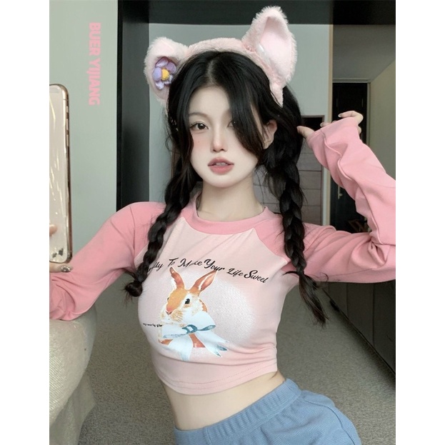 Áo croptop THỎ CAM GB cổ tròn tay dài phối màu chữ hình in cá tính đơn giản dễ thương Nữ kiểu hàn quốc alohashop91