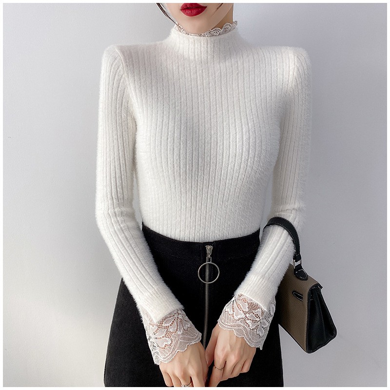 HÀNG NHẬP - ÁO LEN NỮ LÔNG MỀM CAO CỔ TAY PHỐI REN SIÊU XINH - DL57124 | BigBuy360 - bigbuy360.vn