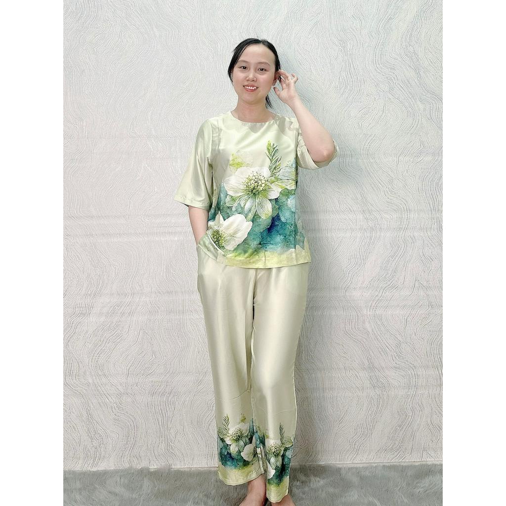 Đồ Bộ Mặc Nhà Trung Niên Lụa Latin Tay Lở, Quần Ống Suông, Dài 9 Tấc, Đồ Mặc Nhà Trung Niên Size Lớn Từ 50 - 75 Kg E82