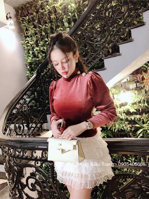 Váy nhung khuy vai pha ren tầng siêu xinhh