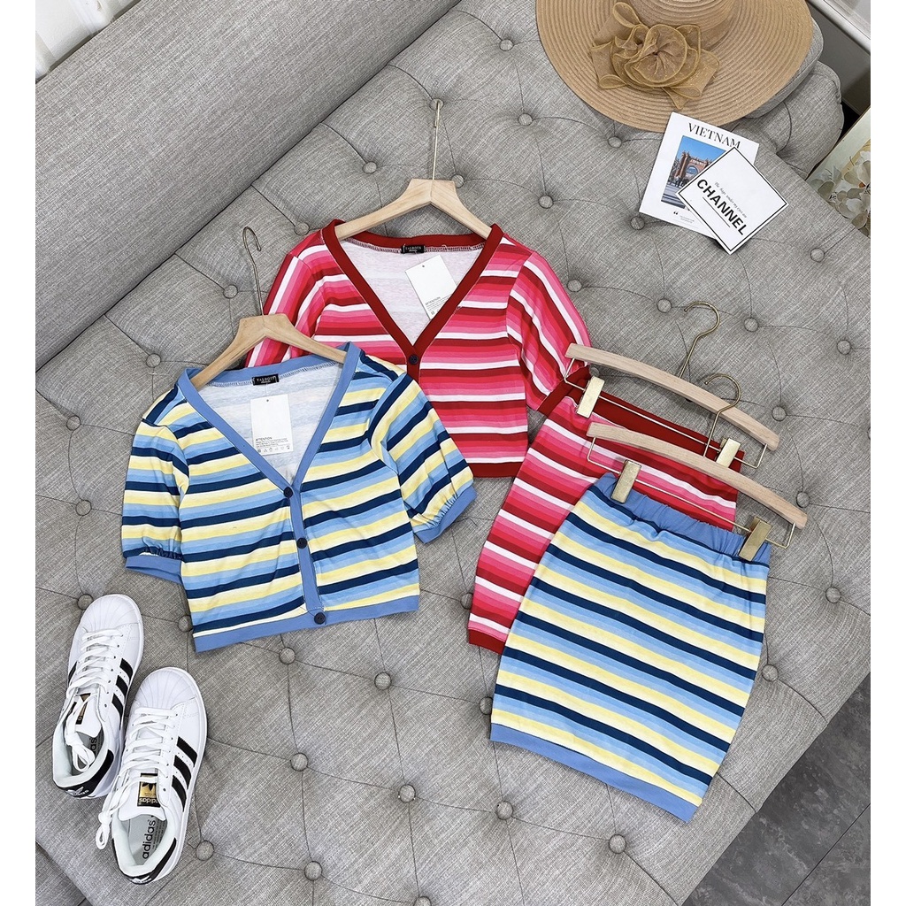 Set áo croptop nữ kèm chân váy kẻ sọc co giãn ngắn tay mùa xuân siêu hot kèm ảnh thật