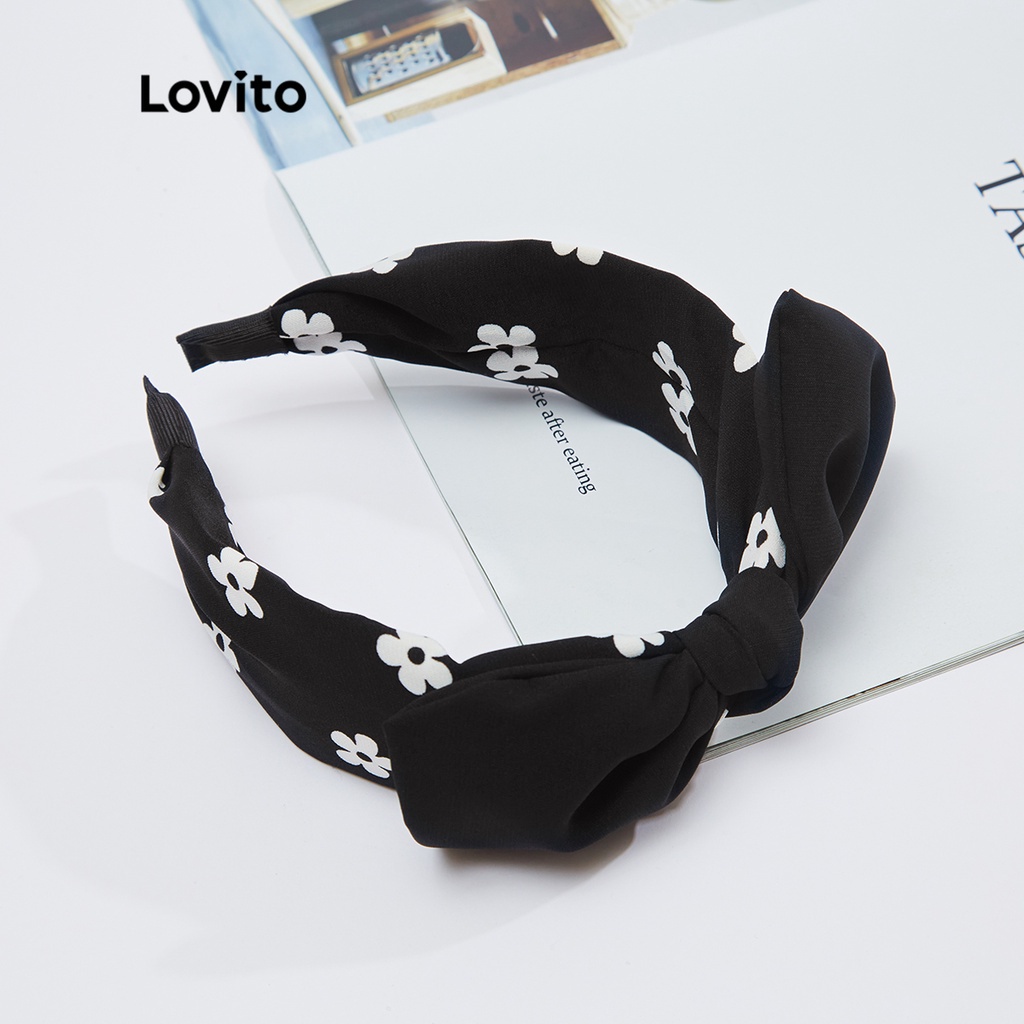Băng đô Lovito bản động hình hoa xinh phối nơ L18X615 (đen/cà phê sọc trắng)