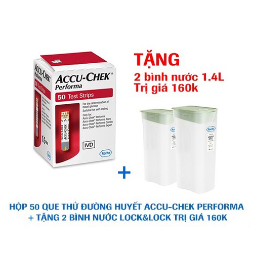 Que thử đường huyết Accu-Chek Performa. Hộp 50 que + Tặng 2 bình nước Lock&Lock 1.4L trị giá 160k