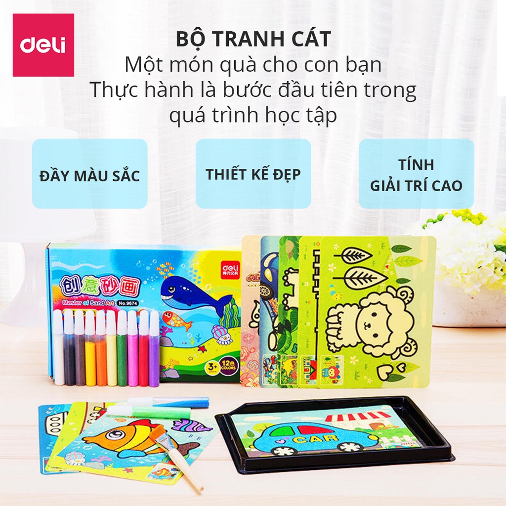 [Mã LIFEDL44 giảm 50K đơn 99K] Bộ tranh cát Deli - bộ gồm 12 màu, 9 tranh, 1 cọ, 1 khay - 9674