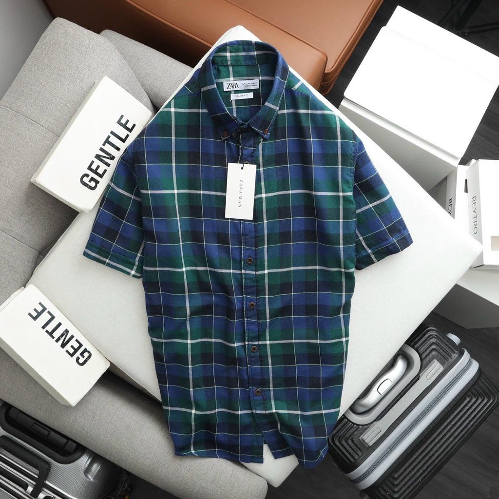 Áo sơ mi nam tay ngắn sọc caro vải flannel 2 màu - shop LA STORE