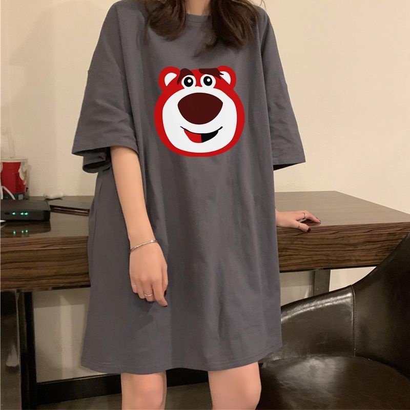 Hàng Có Sẵn TikTok Đầm Ngủ Dáng Rộng Họa Tiết Gấu Và Dâu Tây Mùa Hè Bán Chạy Cho Nữ