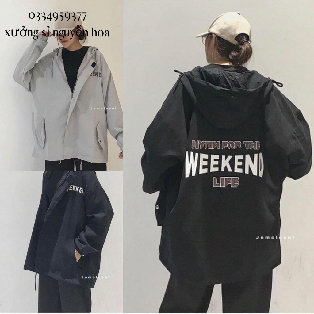 Áo Khoác Gió WEEKEND 2 màu Trắng/Đen Có Mũ Unisex Dáng Rộng xưởng sỉ nguyễn hoa