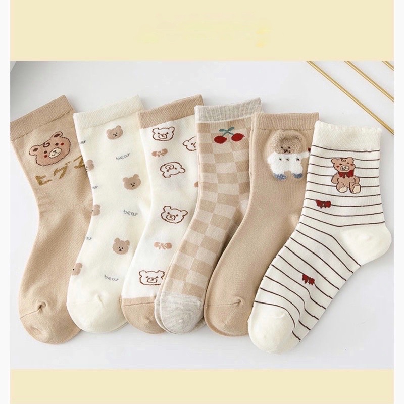 Tất Vớ Nữ Lalila Thêu Hình Gấu Nâu Tone Nâu Kem Ấm Áp Dễ Thương LTN16