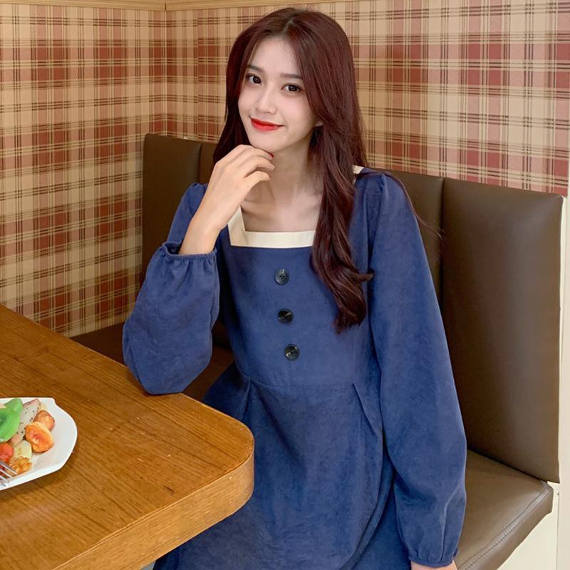 ⭐0412⭐ Korean style square neck long sleeve midi dress
