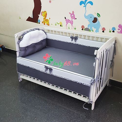 Bộ quây cũi và ga vải 1 đầu bông màu xám trắng kích thước 70x130cm