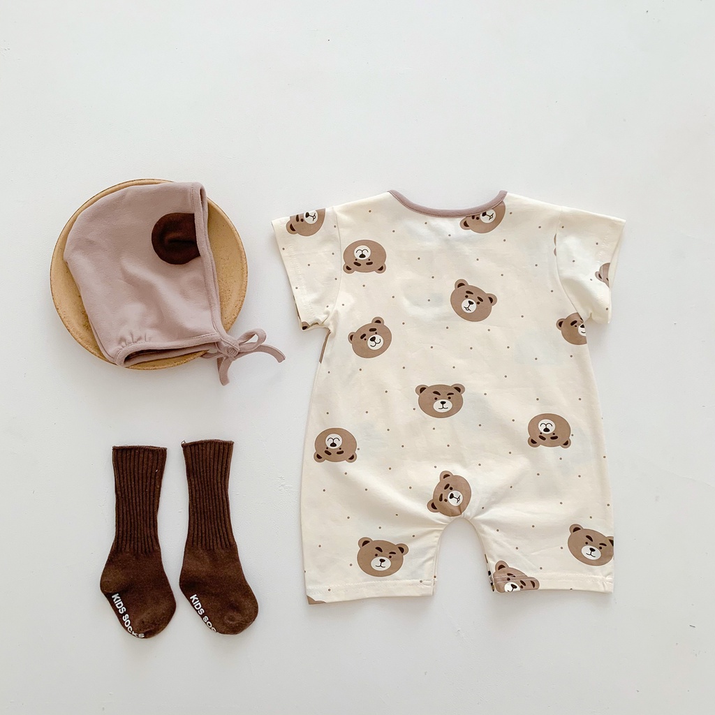 Bộ Bodysuit Một Mảnh Tay Ngắn Hình Gấu Dễ Thương + Nón Cho Bé Sơ Sinh