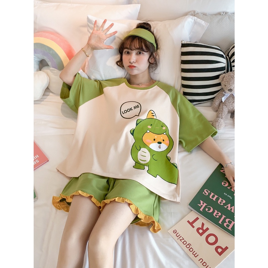 Đồ bộ Nữ mặc nhà chất cotton form rộng mùa hè - Bộ ngủ cộc tay , quần đùi in hình dễ thương   BC09