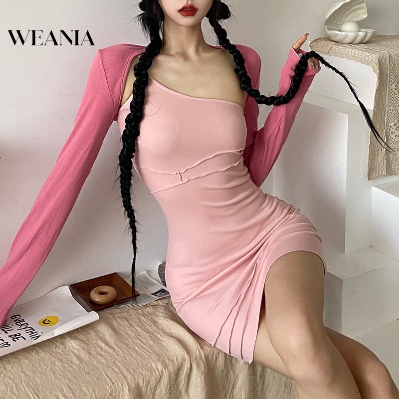 Set Đầm Trễ Vai Phối Bèo + Áo Tay Dài 2 Mảnh Phong Cách Hàn Quốc