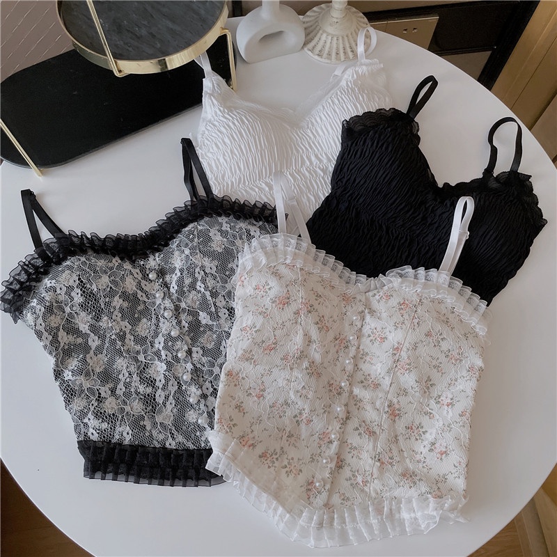 Áo bra ren 2 dây Cham hai lớp đính khuy giữa nhún lưng hoa cúc Loli AB10