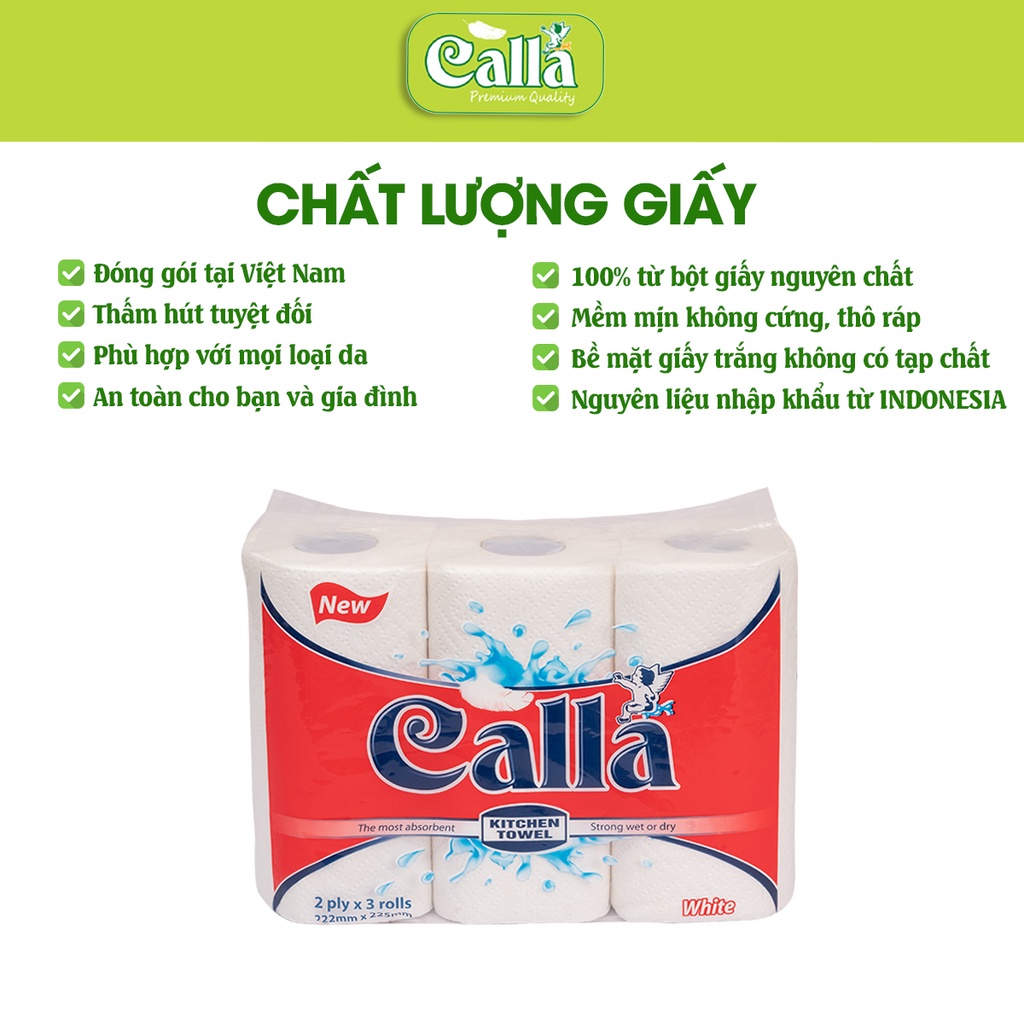 Giấy bếp Calla 2 lớp x 200 tờ x 3 cuộn siêu dày dai, không mủn, thấm dầu mỡ, nước siêu tốt, nguyên liệu Indonesia