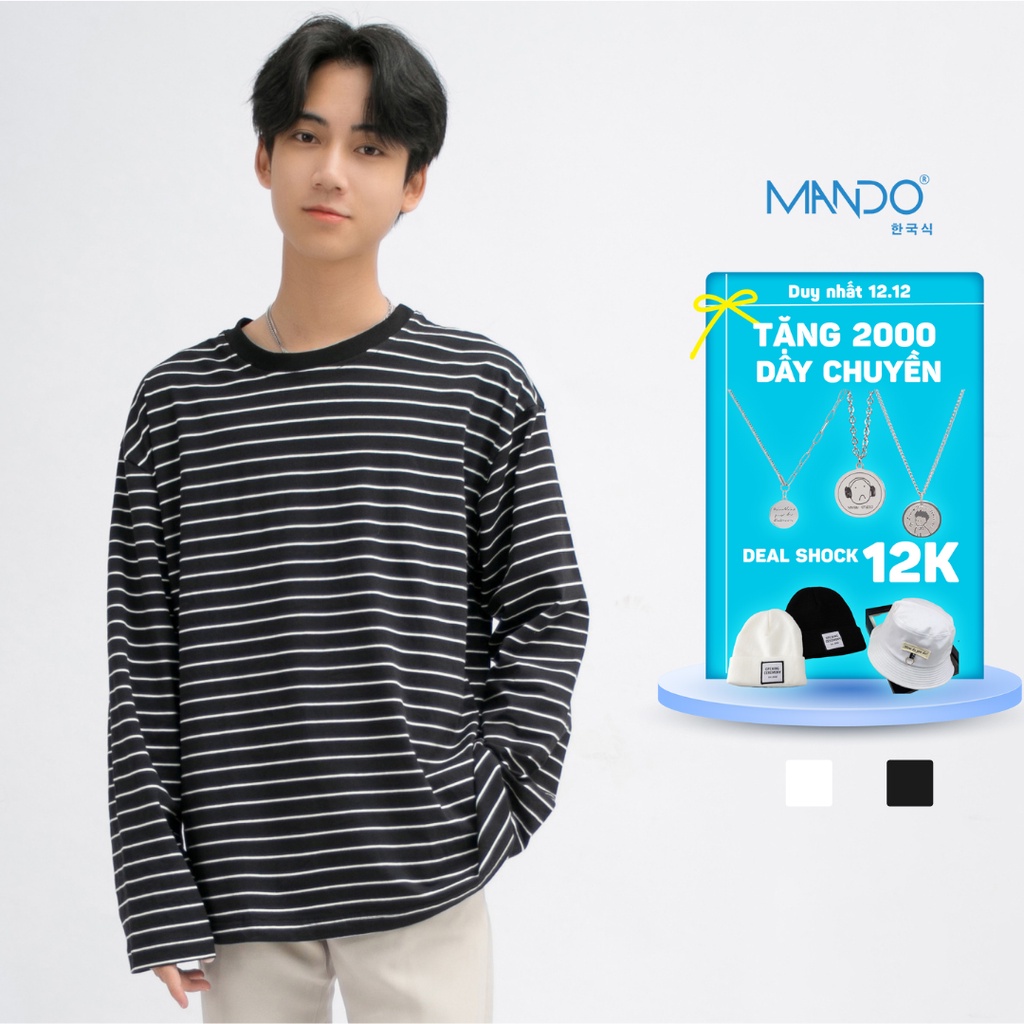 Áo Thun Thu Đông Nam Dài Tay MANDO Kẻ Ngang Chất Cotton Hàn Form Rộng Kiểu Dáng Basic Unisex Phong Cách Hàn Quốc NDN075 | BigBuy360 - bigbuy360.vn