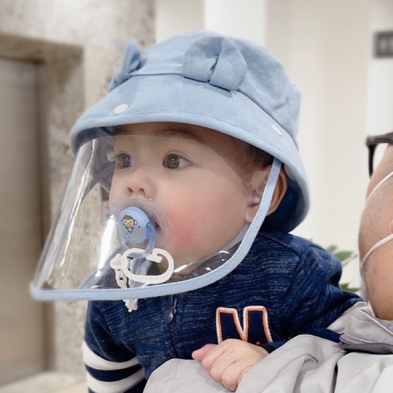 Mũ nón vành tròn linen cho bé trai gái, mũ nón trẻ em kèm tấm chắn phòng dịch tháo rời.