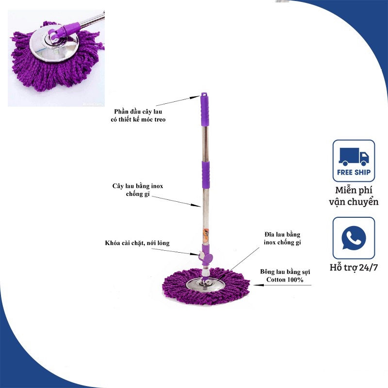 Cây chổi lau nhà Thái Lan mâm INOX xoay 360 độ siêu thấm