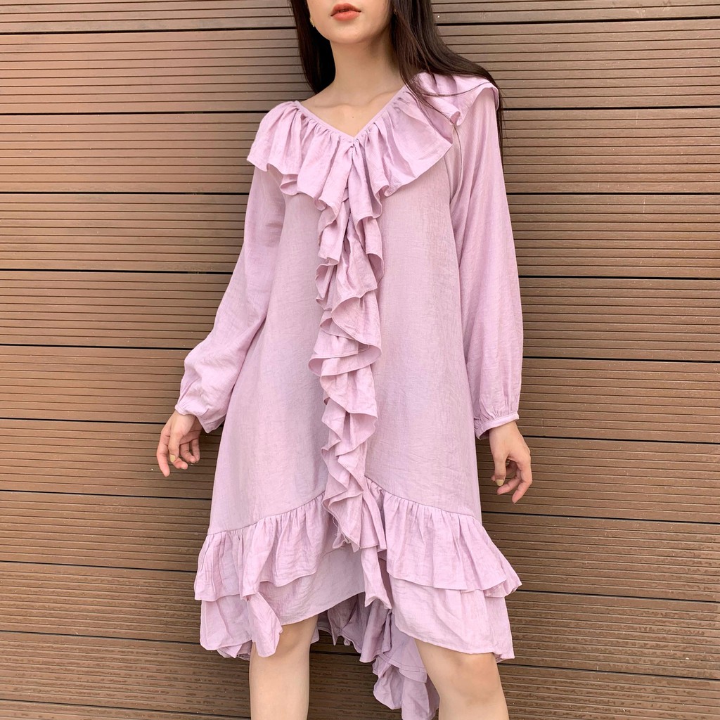 [𝗖𝗟𝗘𝗔𝗥𝗔𝗡𝗖𝗘 80] Đầm nhung gân Sweet Darlin E.studio cổ viền bèo điệu đà, cổ điển