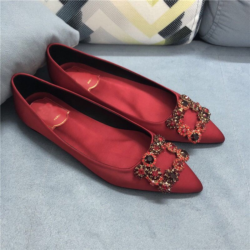 Giày búp bê đế bằng mũi nhọn size 34-43 đính đá phong cách Hàn Quốc thời trang sang trọng cho nữ