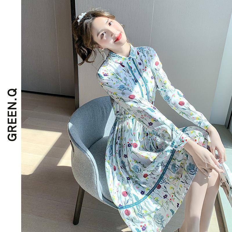 Đầm Chiffon Dài Tay In Hoa Thời Trang Xuân Thu Sang Trọng Cho Nữ