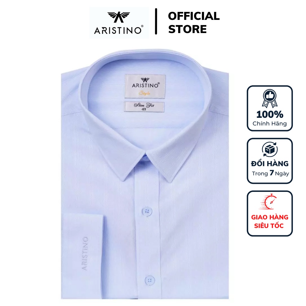 Áo sơ mi công sở nam dài tay Aristino màu xanh nhạt họa tiết dọc dáng slim fit chất liệu sợi sồi cao cấp ALS35607