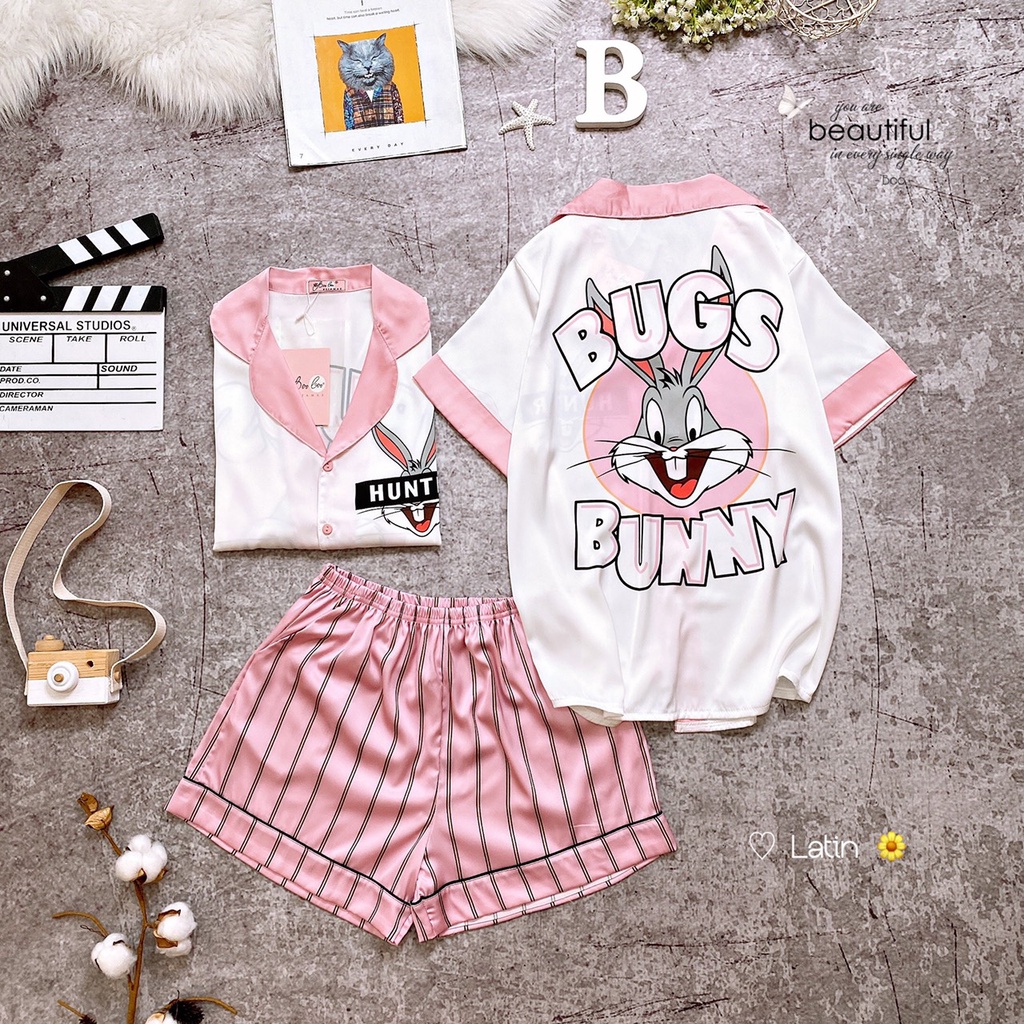 Đồ bộ nữ mặc nhà lụa latin cao cấp cổ pijama - Bunny
