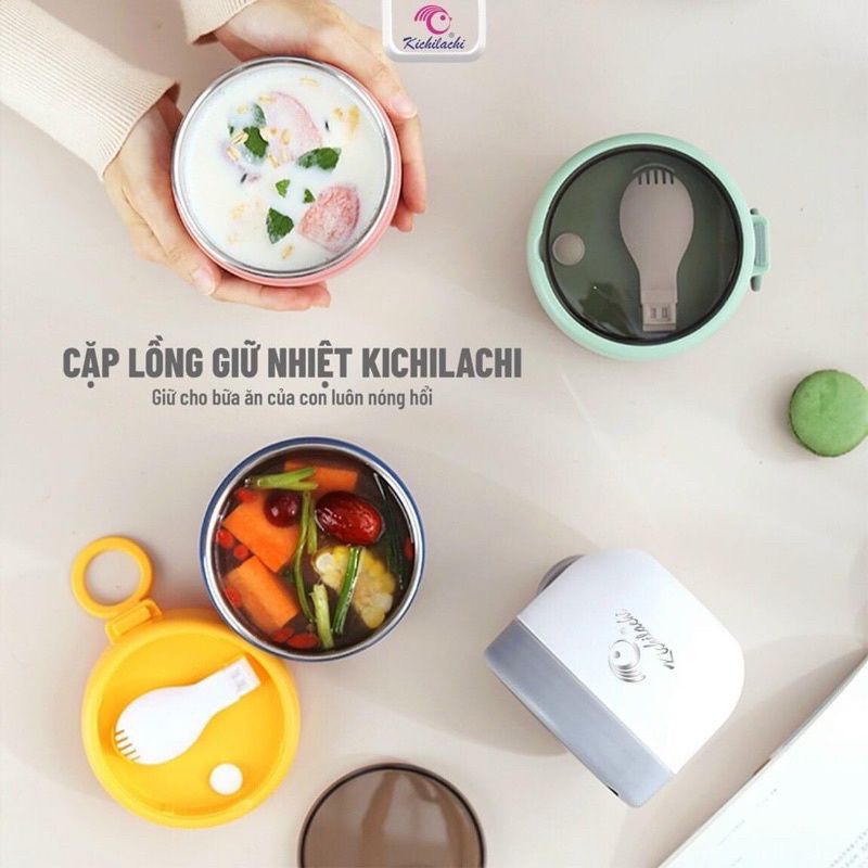 Cặp lồng giữ nhiệt , ủ cháo cho bé Kichi , dung tích 600ml tặng kèm muỗng chất liệu an toàn, tiện lợi