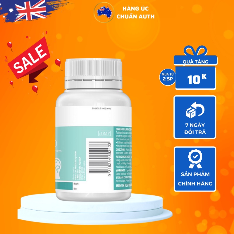 Viên uống bổ não Úc Healthy Care Ginkgo Biloba 2000mg 100 viên