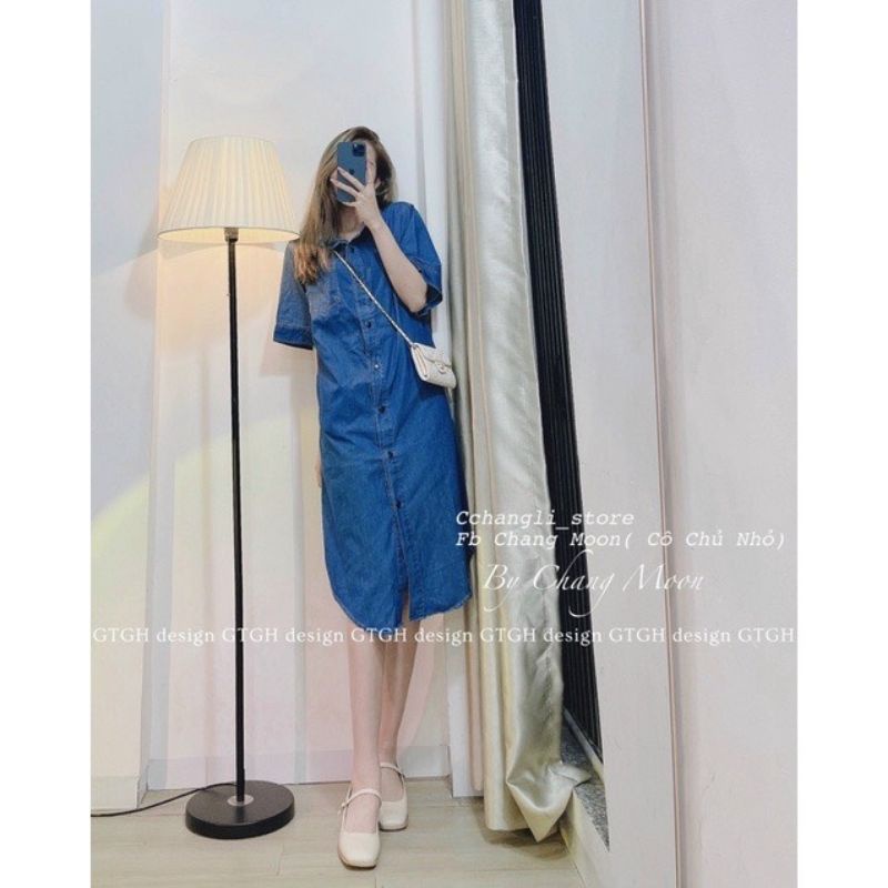 Váy sơ mi bò kaki jeans dáng dài qua gối retro, váy sơ mi suông dáng rộng siêu phẩm deal1k by hanadress